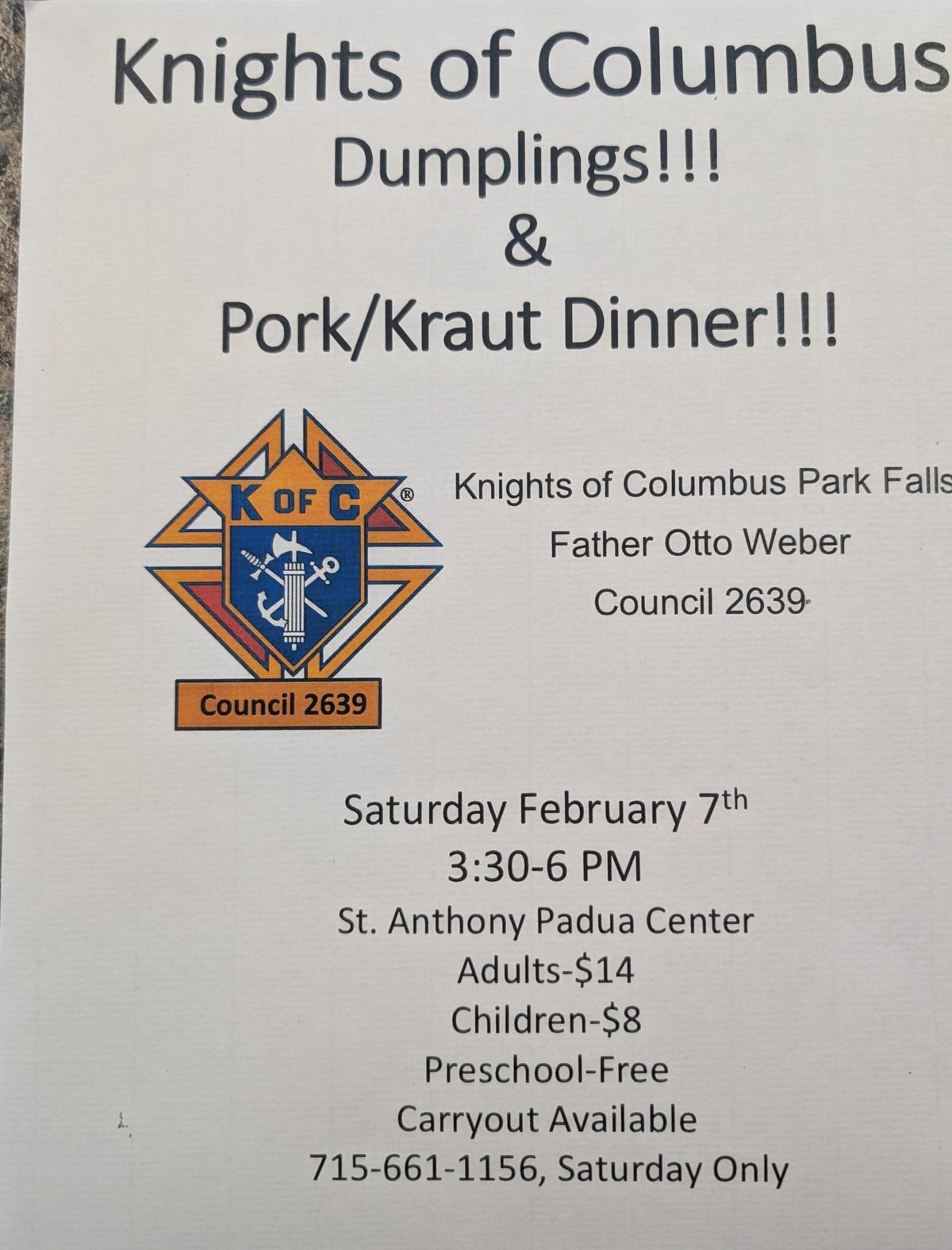 Knights of Columbus Pork and Sauerkraut Dinner